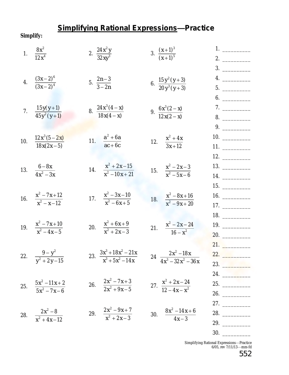 Simplifying Rational Expressions Practice Worksheet Worksheets Library