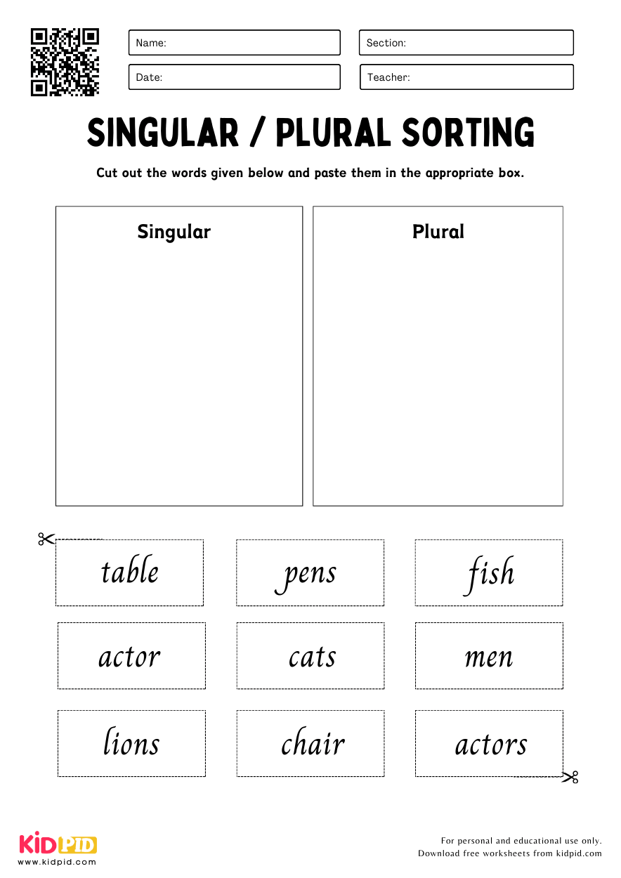 Singular And Plural Noun Cut Paste Activity Worksheet Kidpid