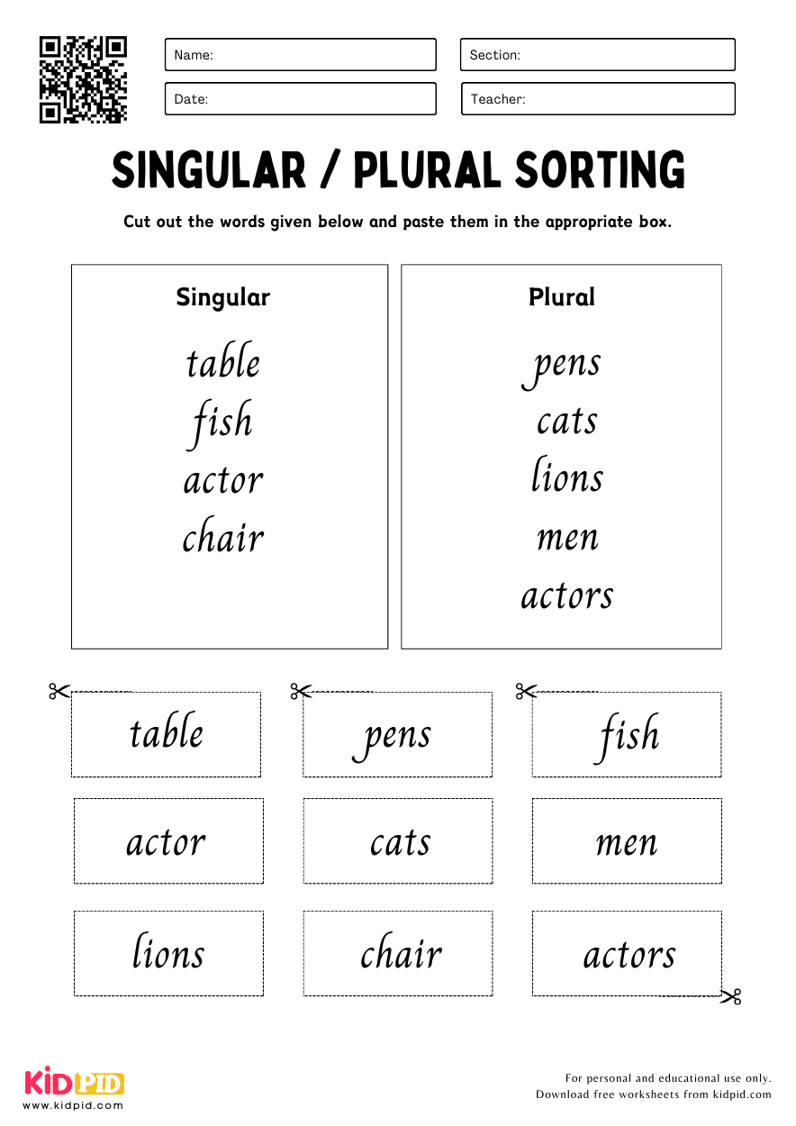 Singular And Plural Noun Cut Paste Activity Worksheet Kidpid