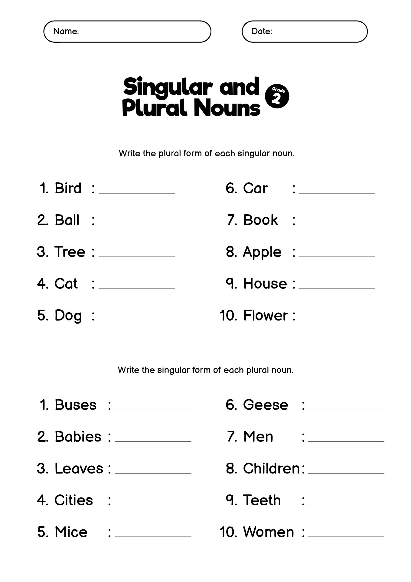 singular and plural nouns worksheet