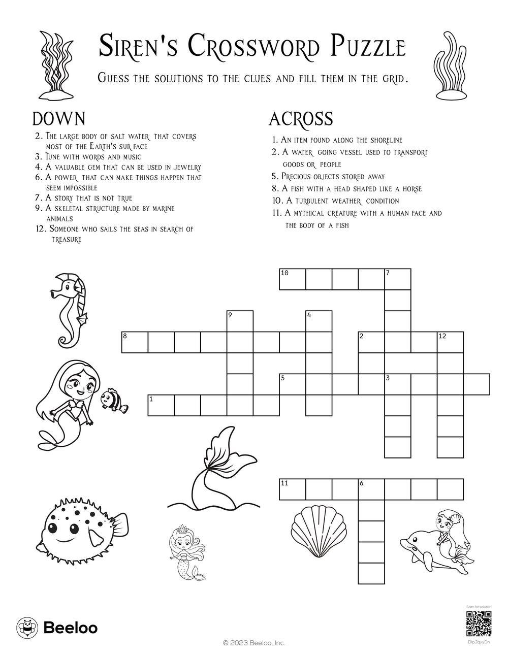Siren s Crossword Puzzle Beeloo Printable Crafts And Activities For Kids
