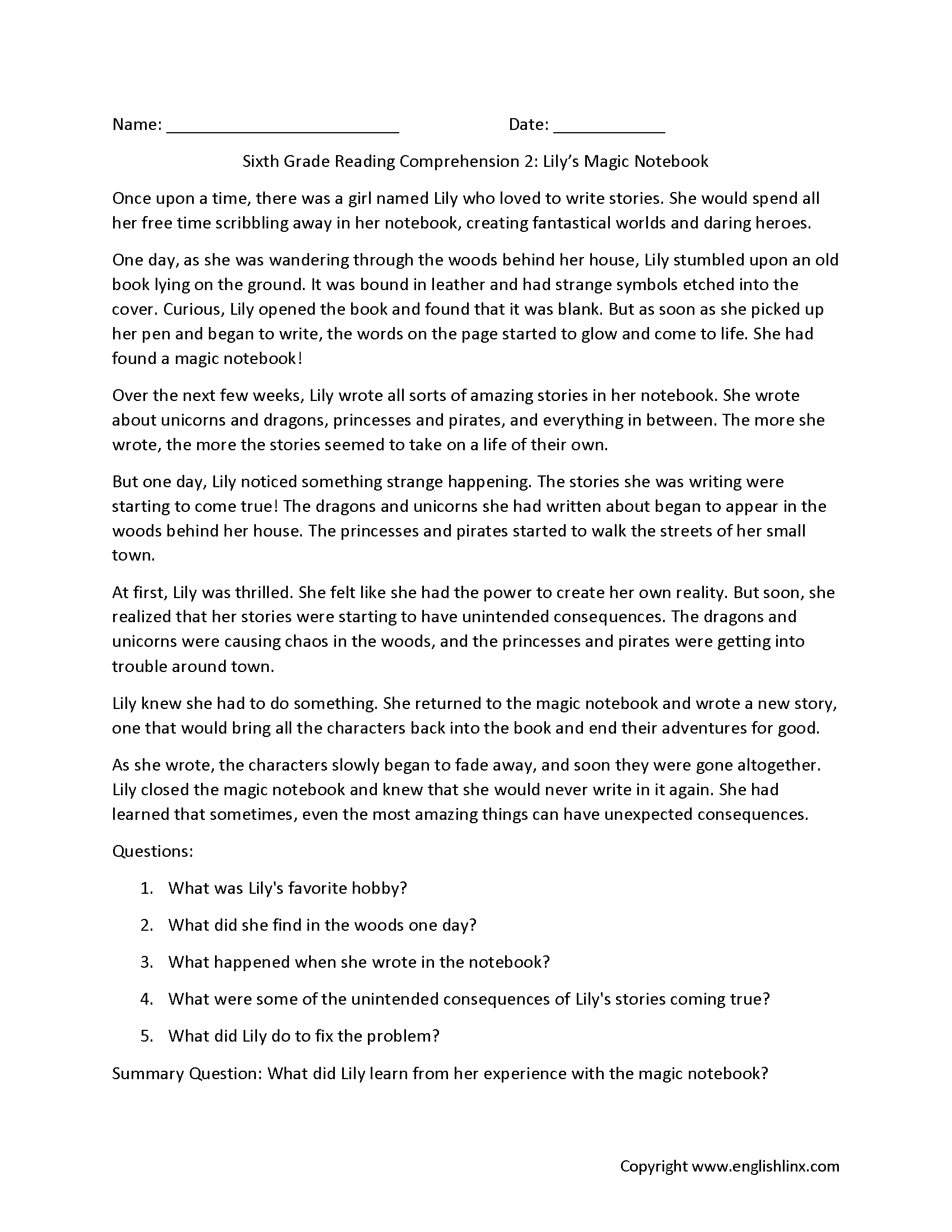 Sixth Grade Reading Comprehension Worksheets Free Printable 6th Grade Reading Passages