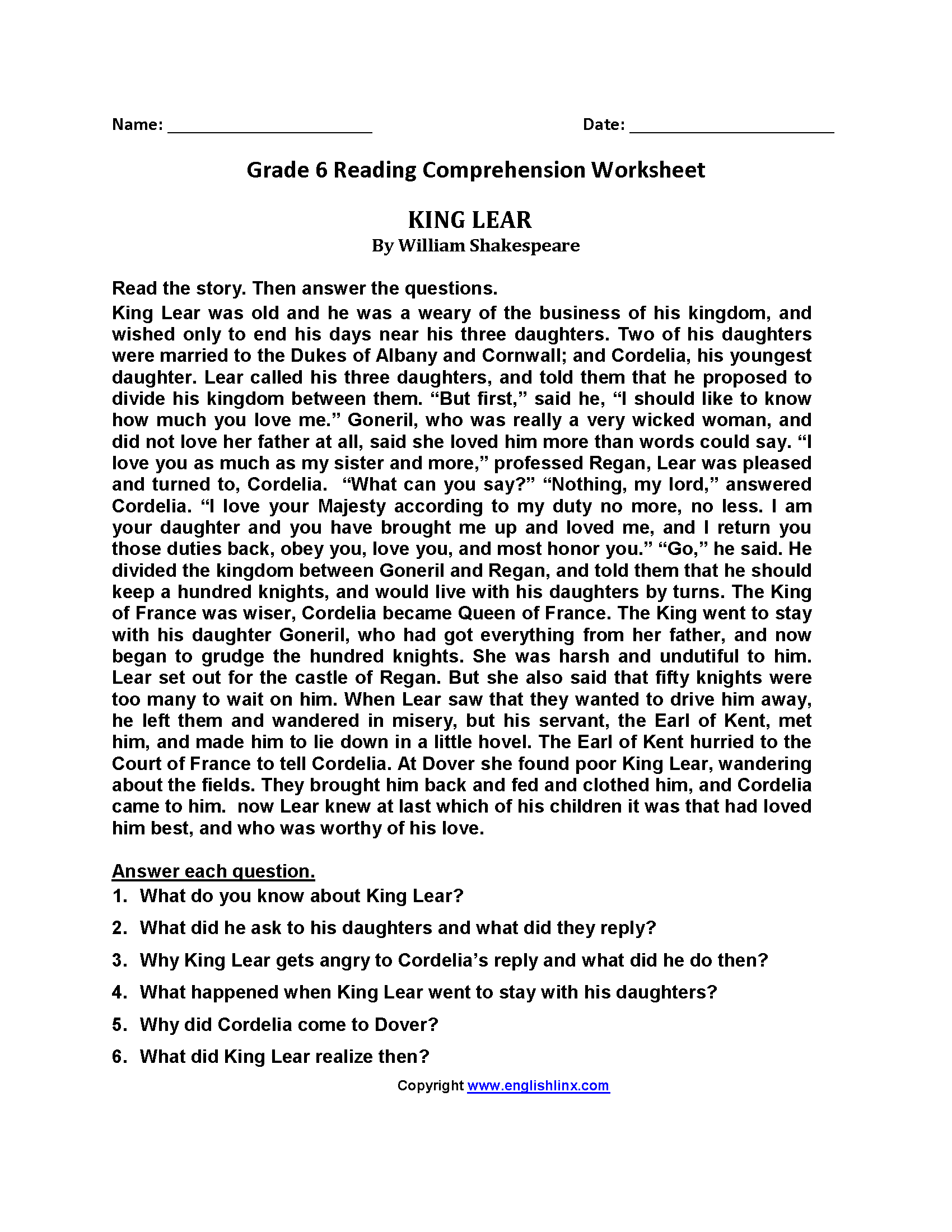 Sixth Grade Reading Worksheets Vocabulary Fluency Practice PDF