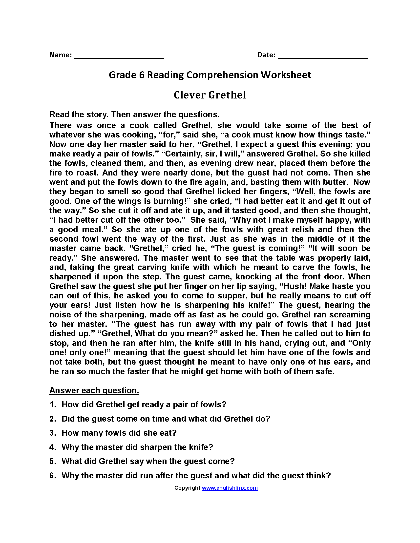 Sixth Grade Reading Worksheets Vocabulary Fluency Practice PDF