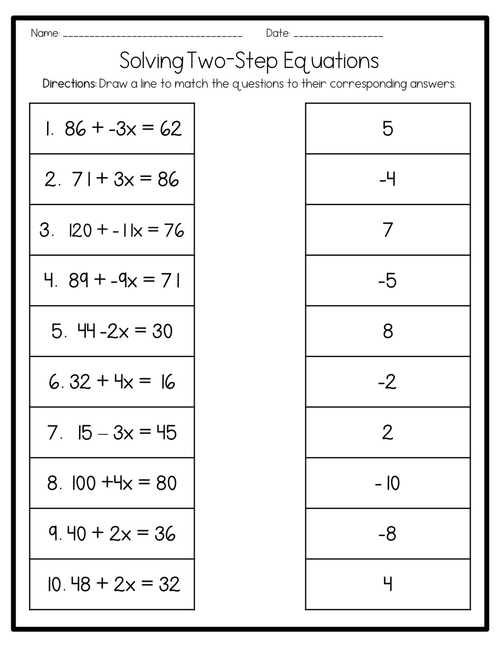two step equations worksheet