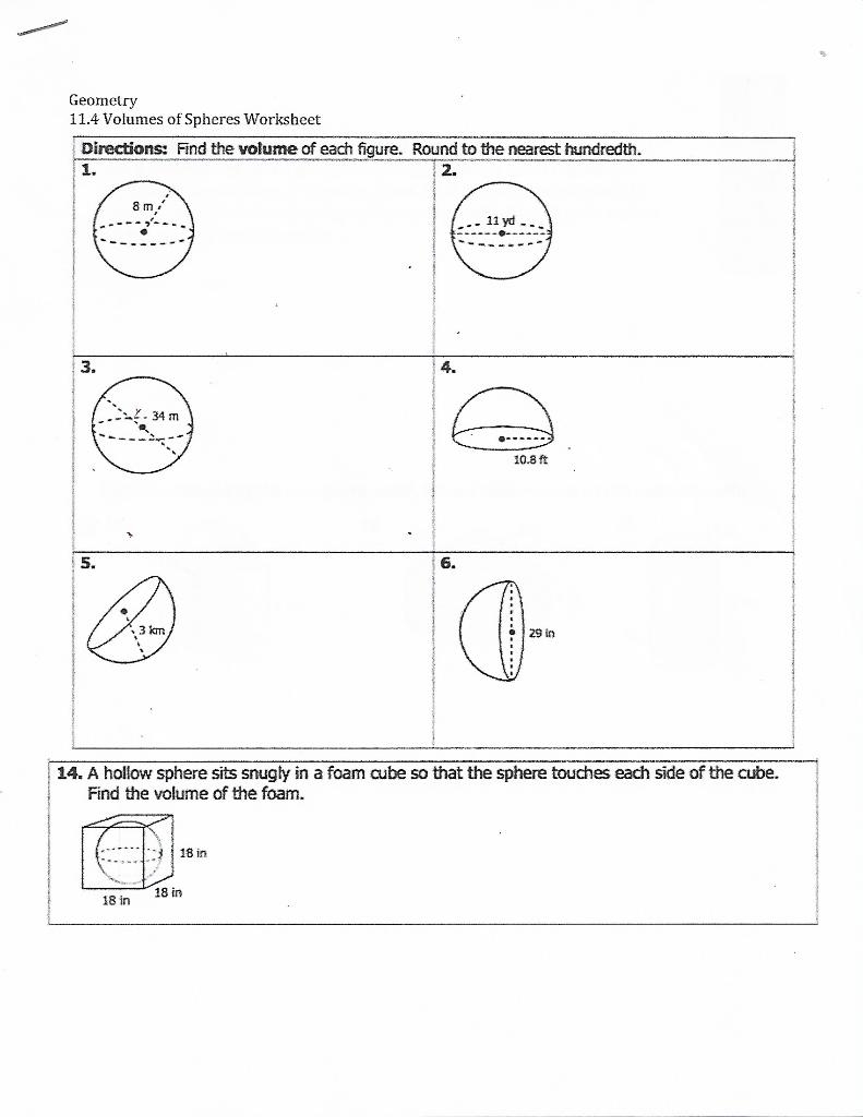 volume of a sphere worksheet