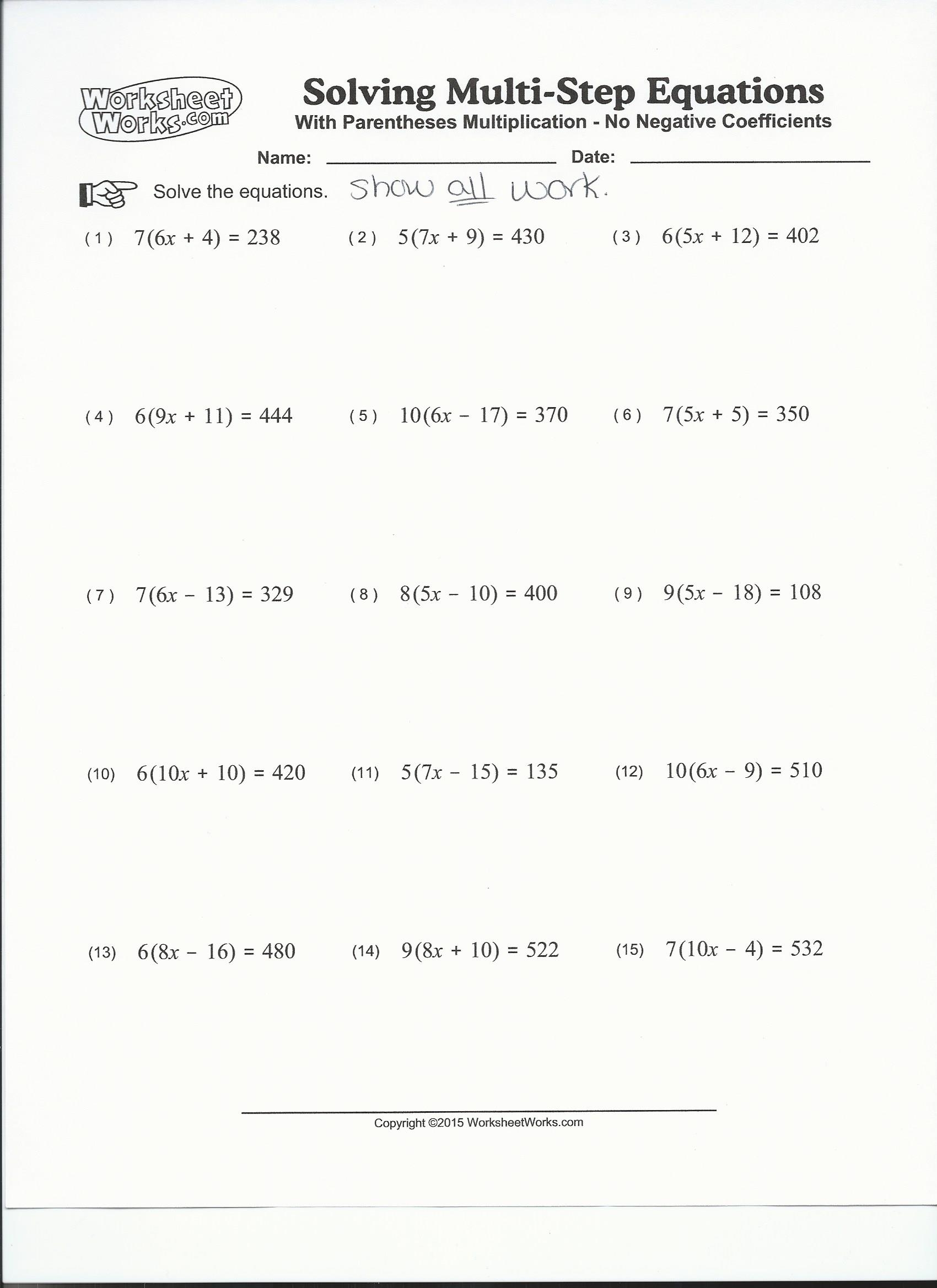 worksheet solving multi step equations