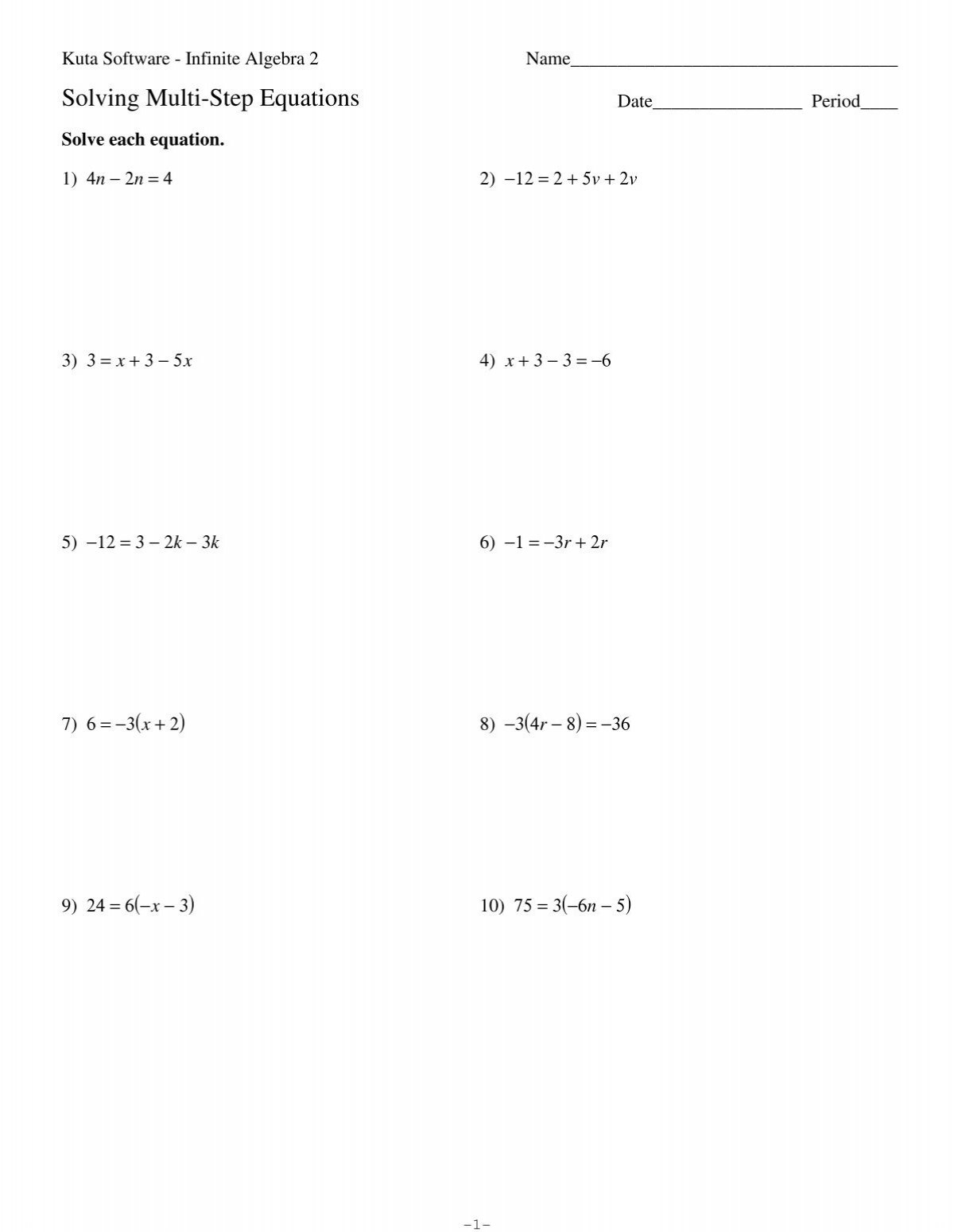 Solving Multi Step Equations pdf Kuta Software