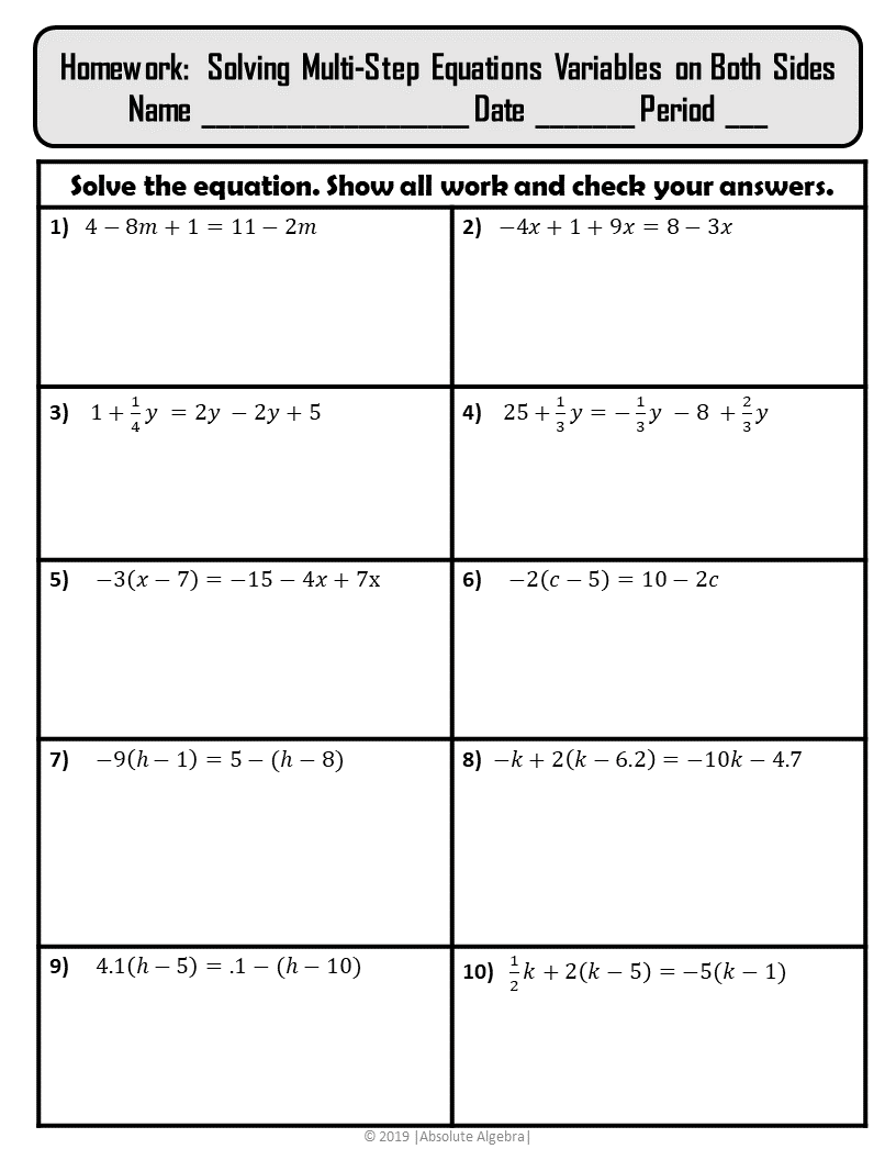 Solving Multi Step Equations Variables On Both Sides Notes Practice Homework U1 Absolute Algebra Solving Multi Step Equations Variables On Both Sides Notes Practice Homework U1 Absolute Algebra