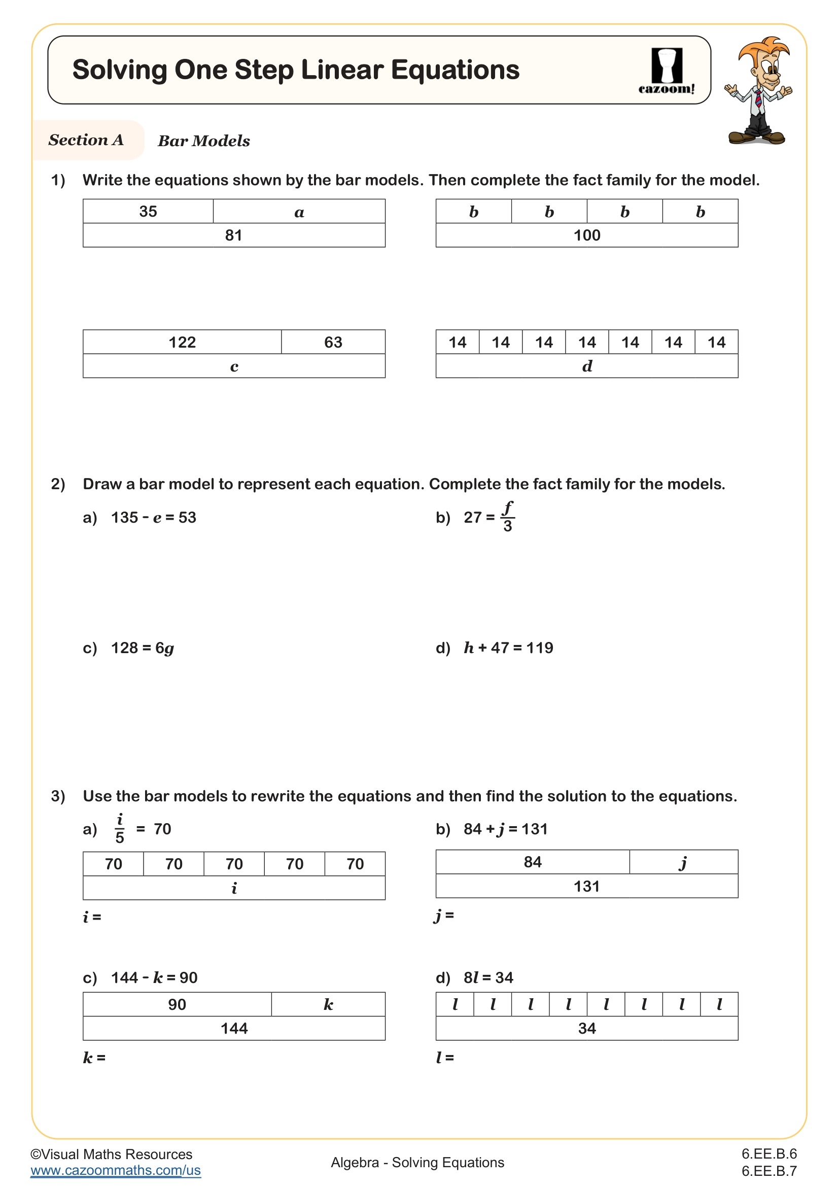 Solving One Step Linear Equations Worksheet Fun And Engaging 6th Grade And 6th Grade Algebra Worksheet Cazoom Math