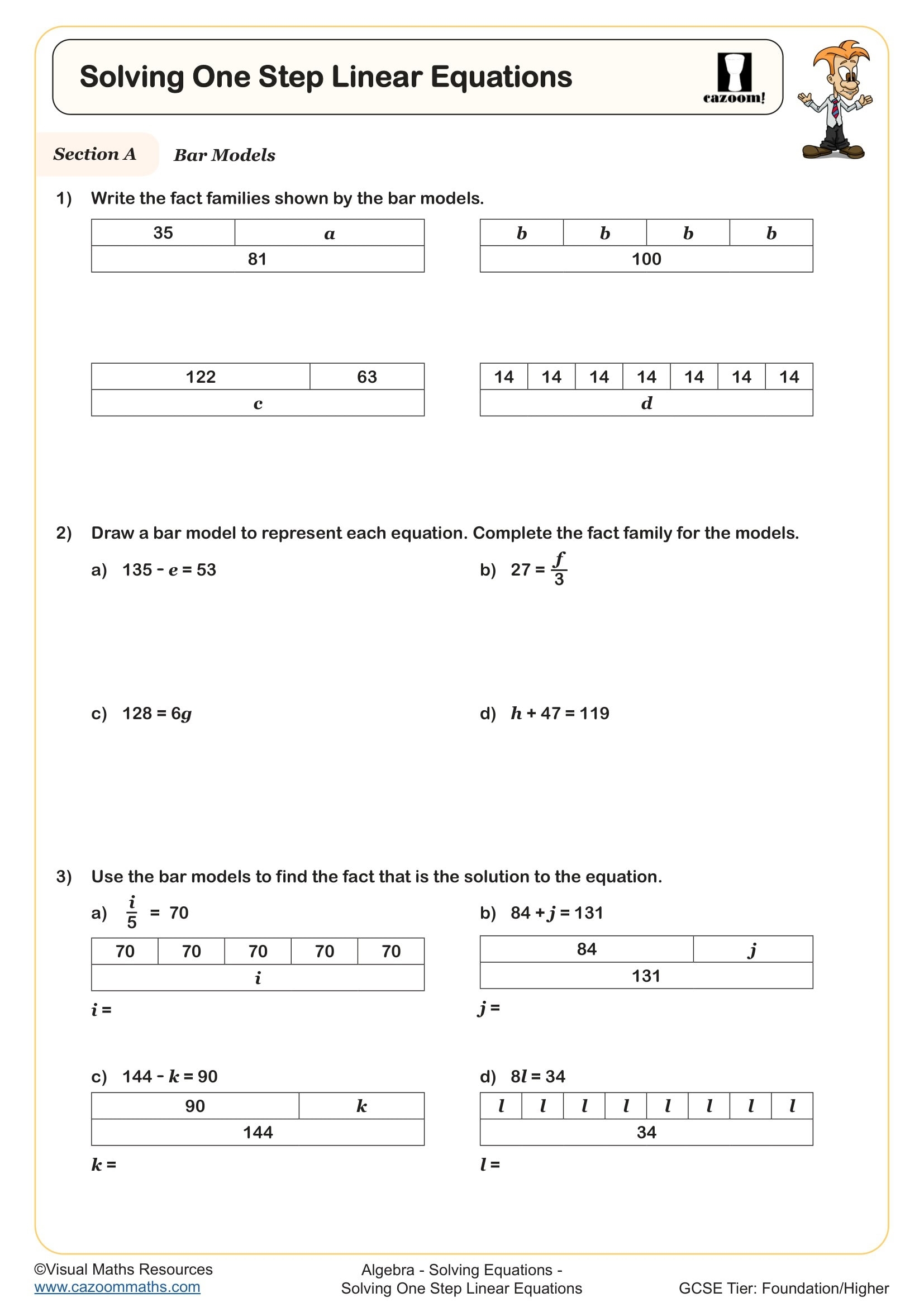 Solving One Step Linear Equations Worksheet Printable PDF Year 7 Algebra Worksheet