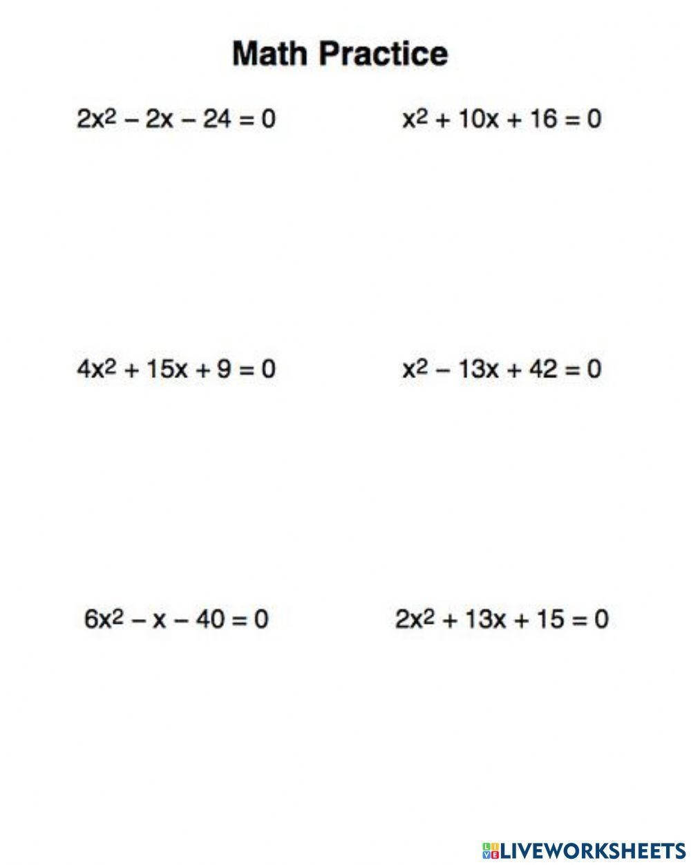 Solving Quadratic Equations By Factoring Worksheet Worksheets Library