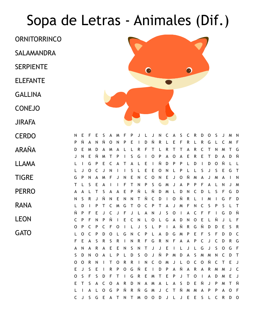 Sopa De Letras Animales Dif Word Search WordMint