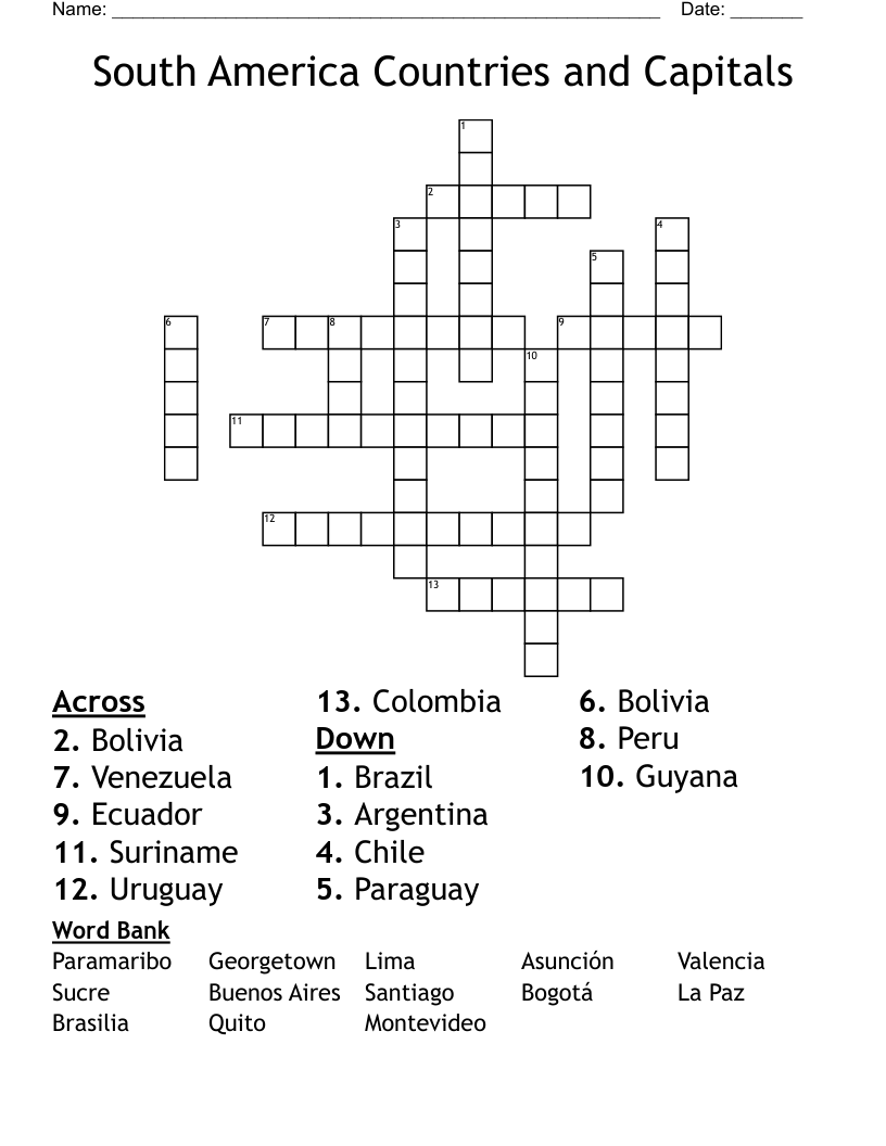 South America Countries And Capitals Crossword WordMint