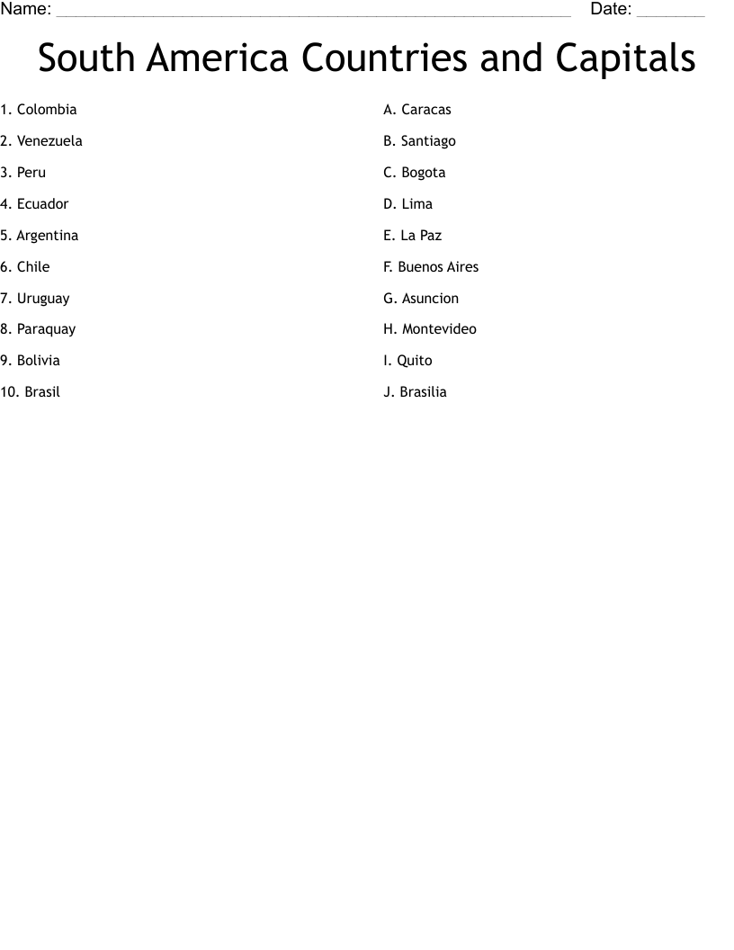 South America Countries And Capitals Crossword WordMint