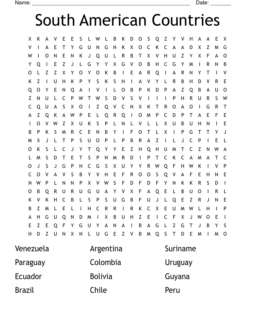 South American Countries Word Search WordMint