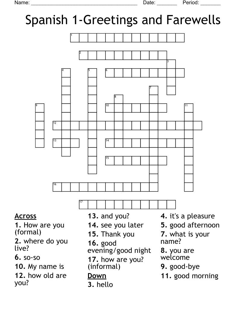 Spanish 1 Greetings And Farewells Crossword WordMint