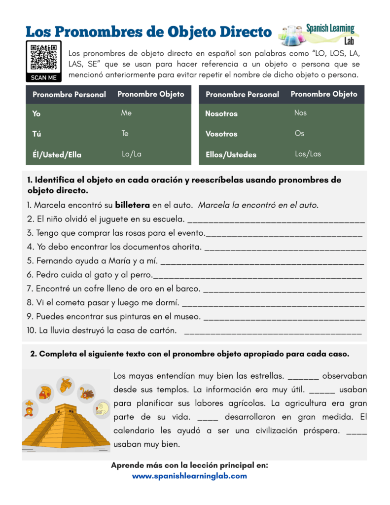 Spanish Direct Object Pronouns PDF Worksheet Spanish Learning Lab