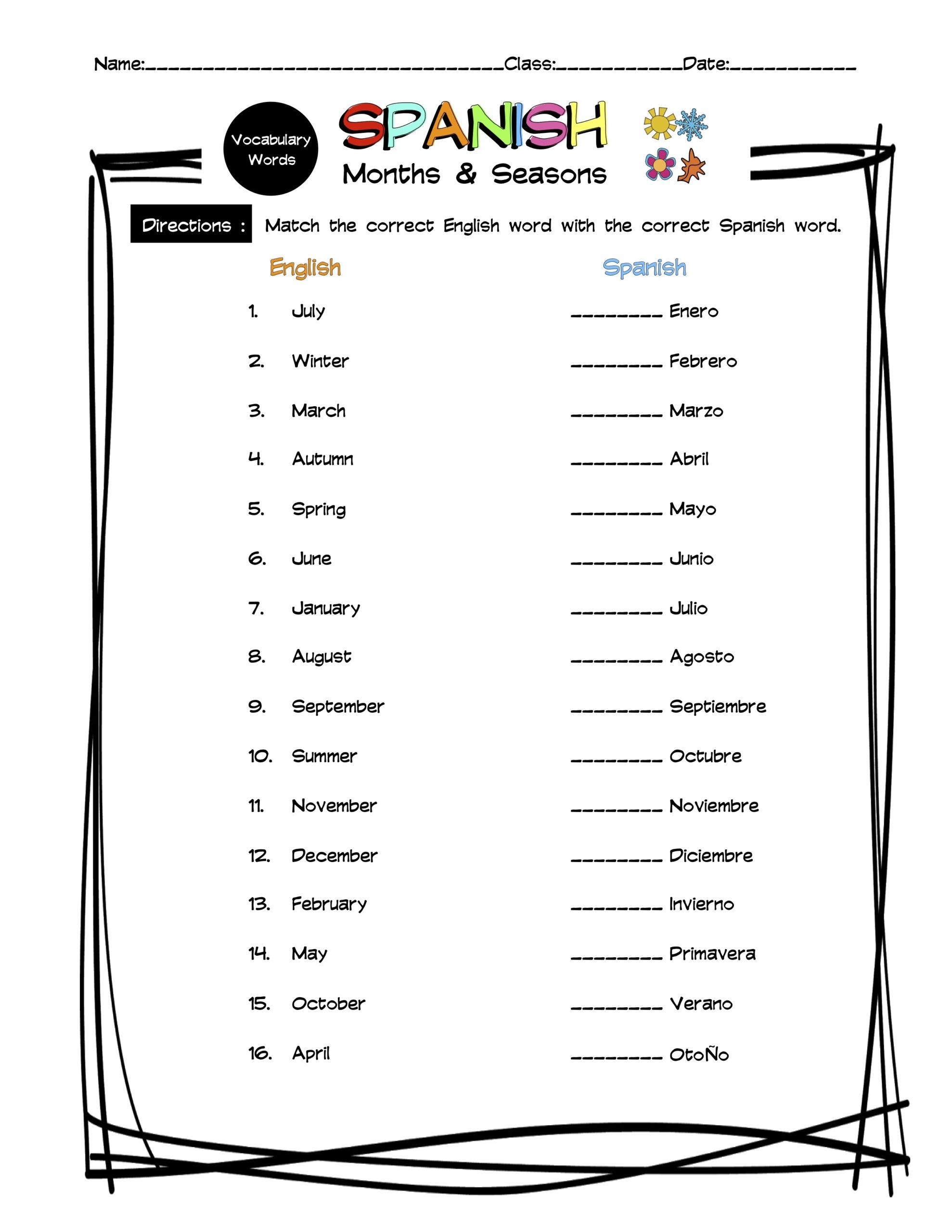 Spanish Months Seasons Vocabulary Matching Worksheet Answer Key Made By Teachers