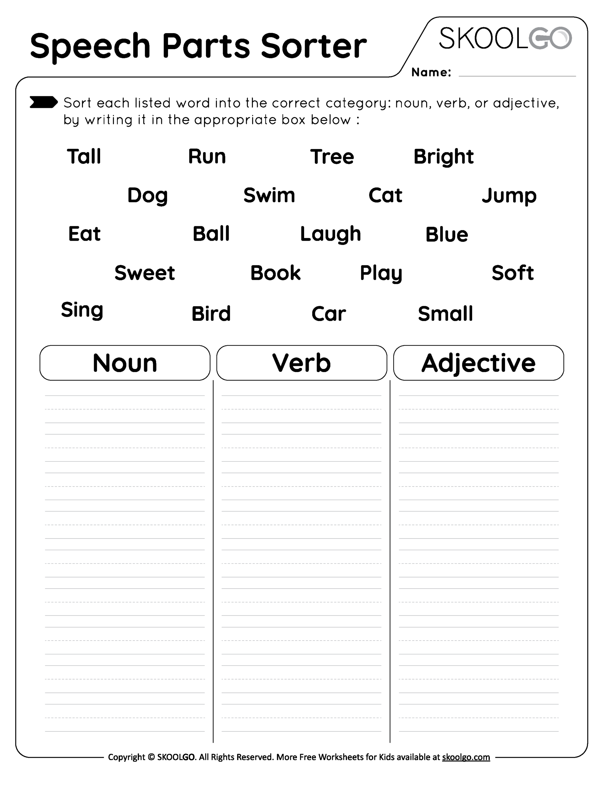 Speech Parts Sorter Free Worksheet For Kids SKOOLGO