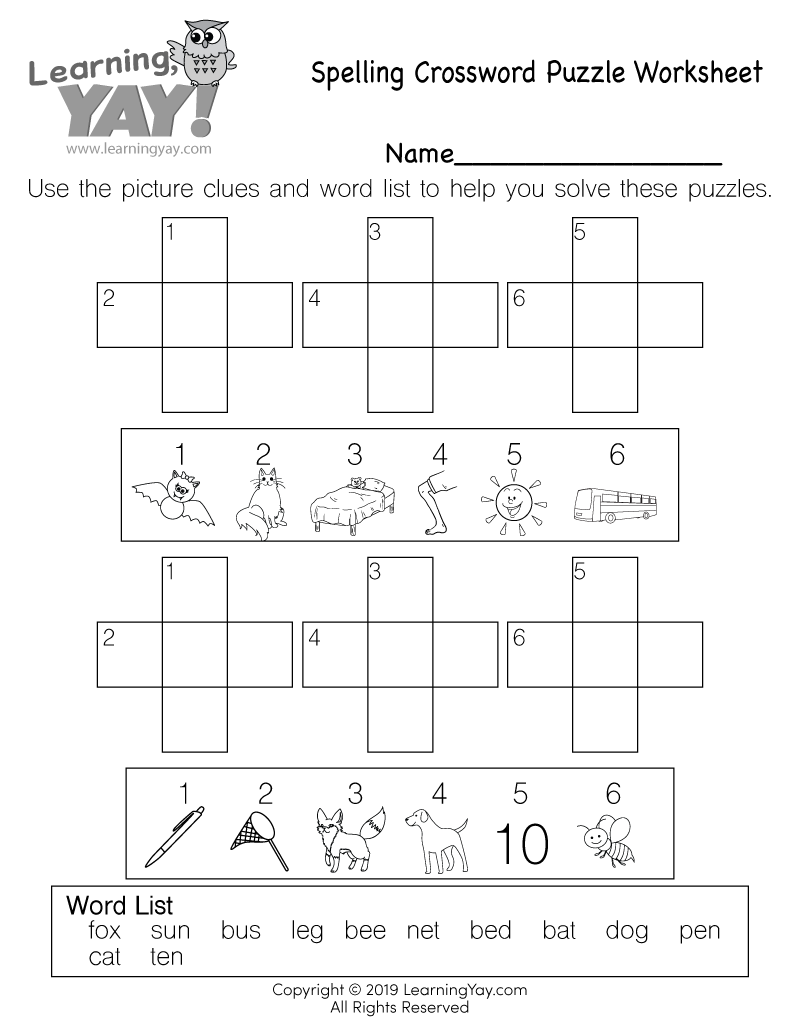 Spelling Crossword Puzzle Worksheet For 1st Grade Free Printable