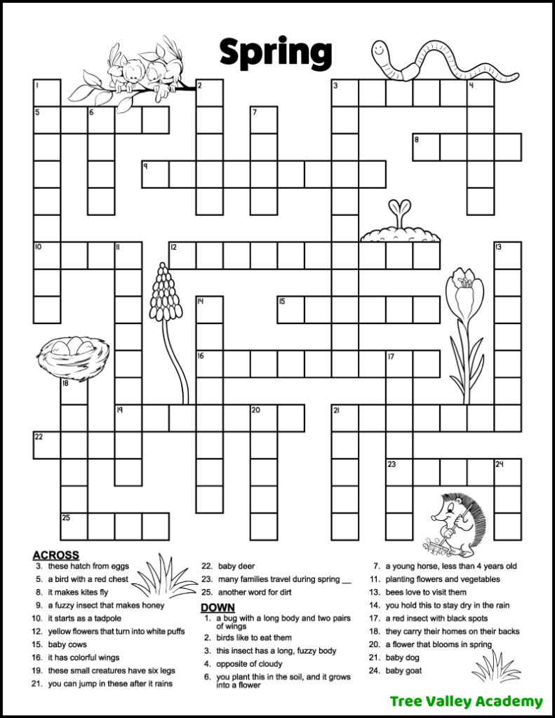 Spring Crossword Puzzles For Kids Tree Valley Academy