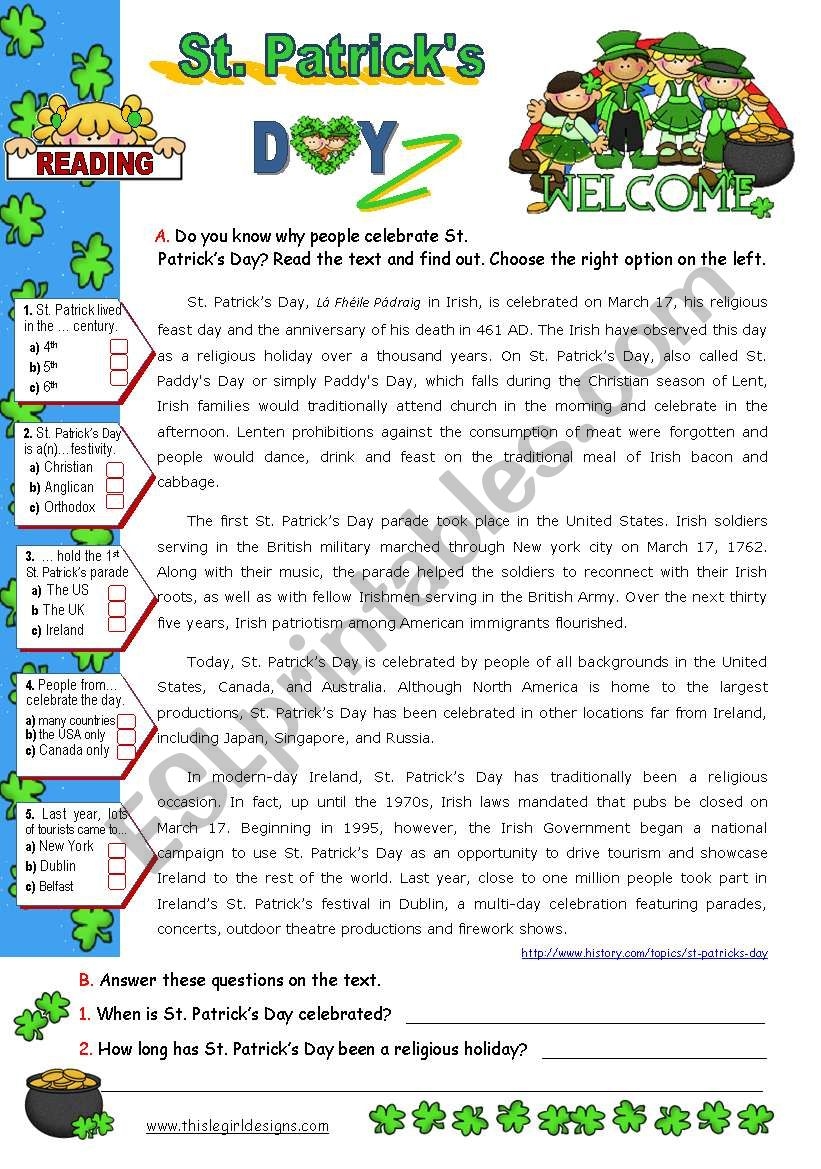 St Patrick s Day Set 2 Reading Comprehension ESL Worksheet By Mena22