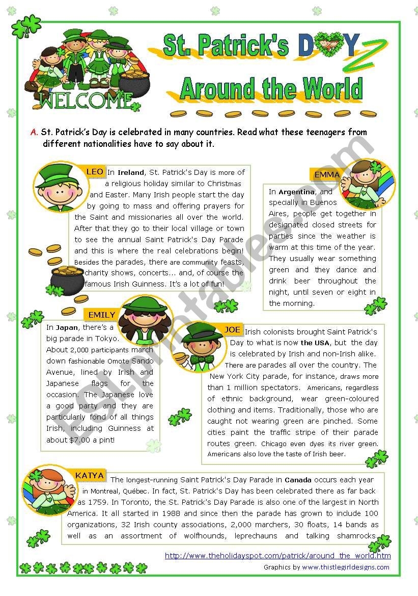 St Patrick s Day Set 3 St Patrick s Day Around The World Reading Comprehension ESL Worksheet By Mena22