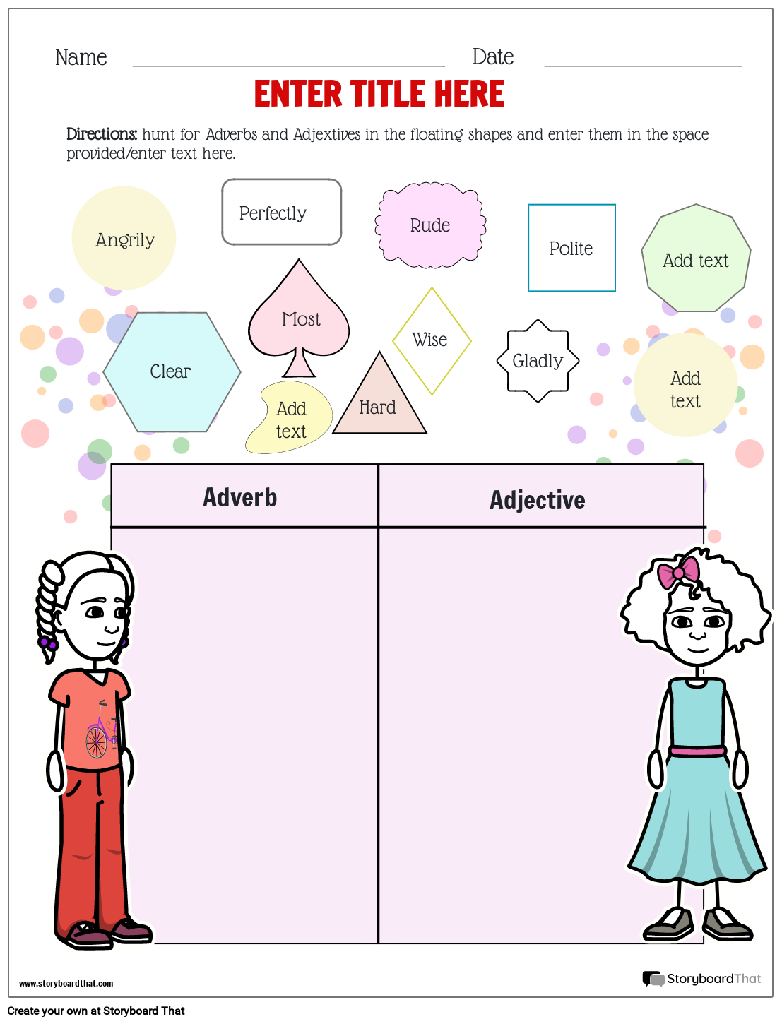 Storyboard That Free Adjective Adverb Worksheet Templates