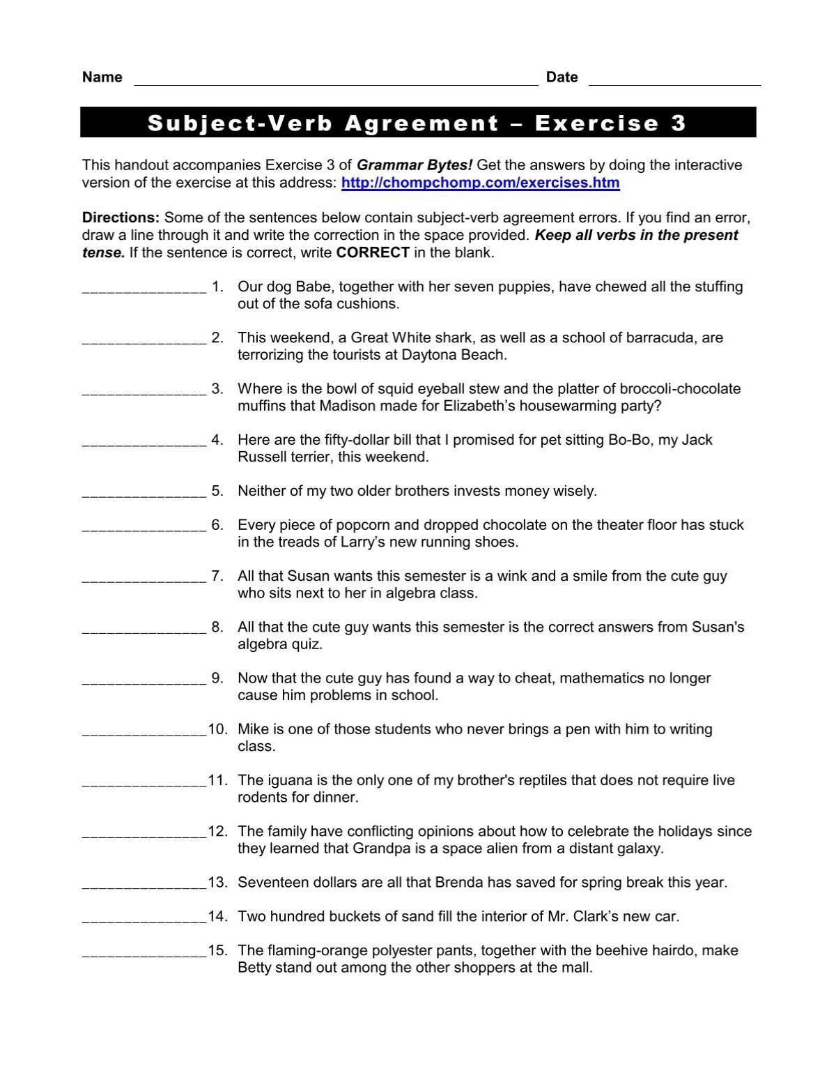 subject verb agreement exercises