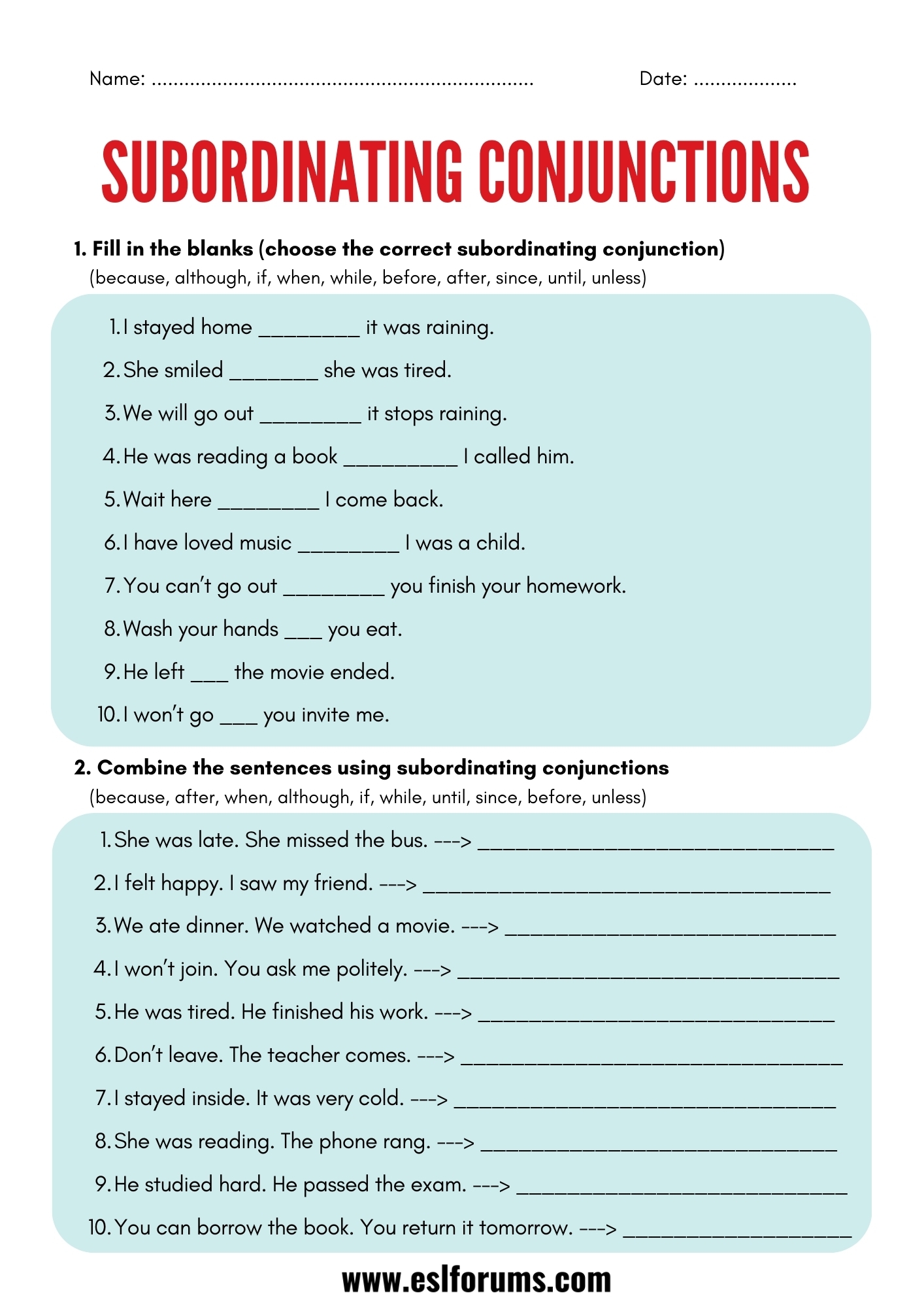 Subordinating Conjunctions Worksheets And Exercises ESL Forums