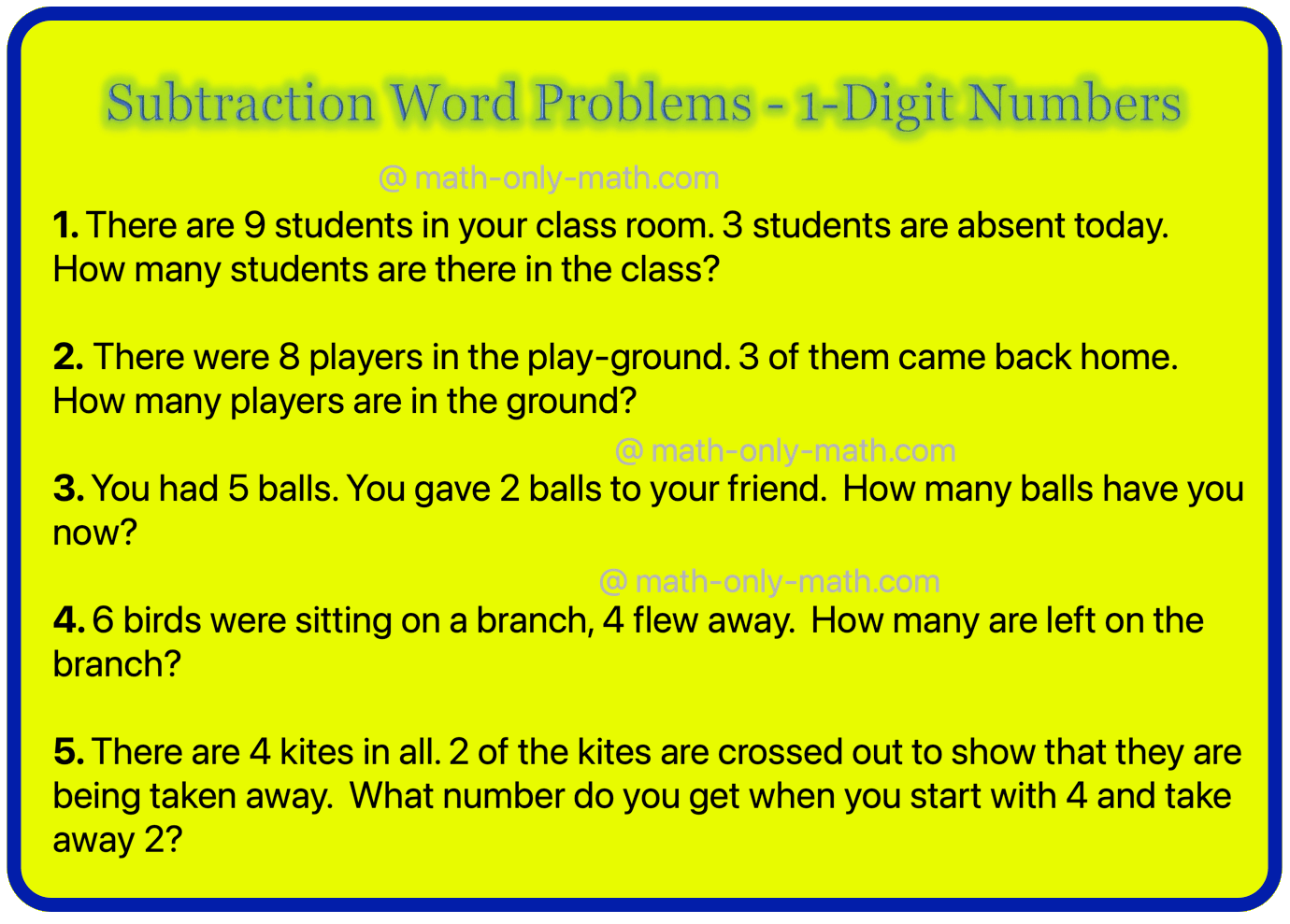 Subtraction Word Problems 1 Digit Numbers Basic Concept On Subtract