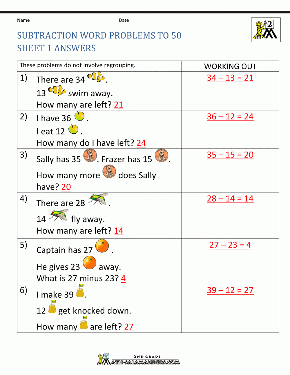 Subtraction Word Problems 2nd Grade