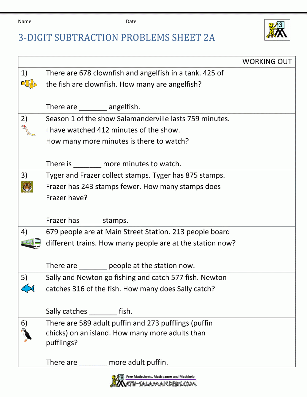 Subtraction Word Problems 3rd Grade