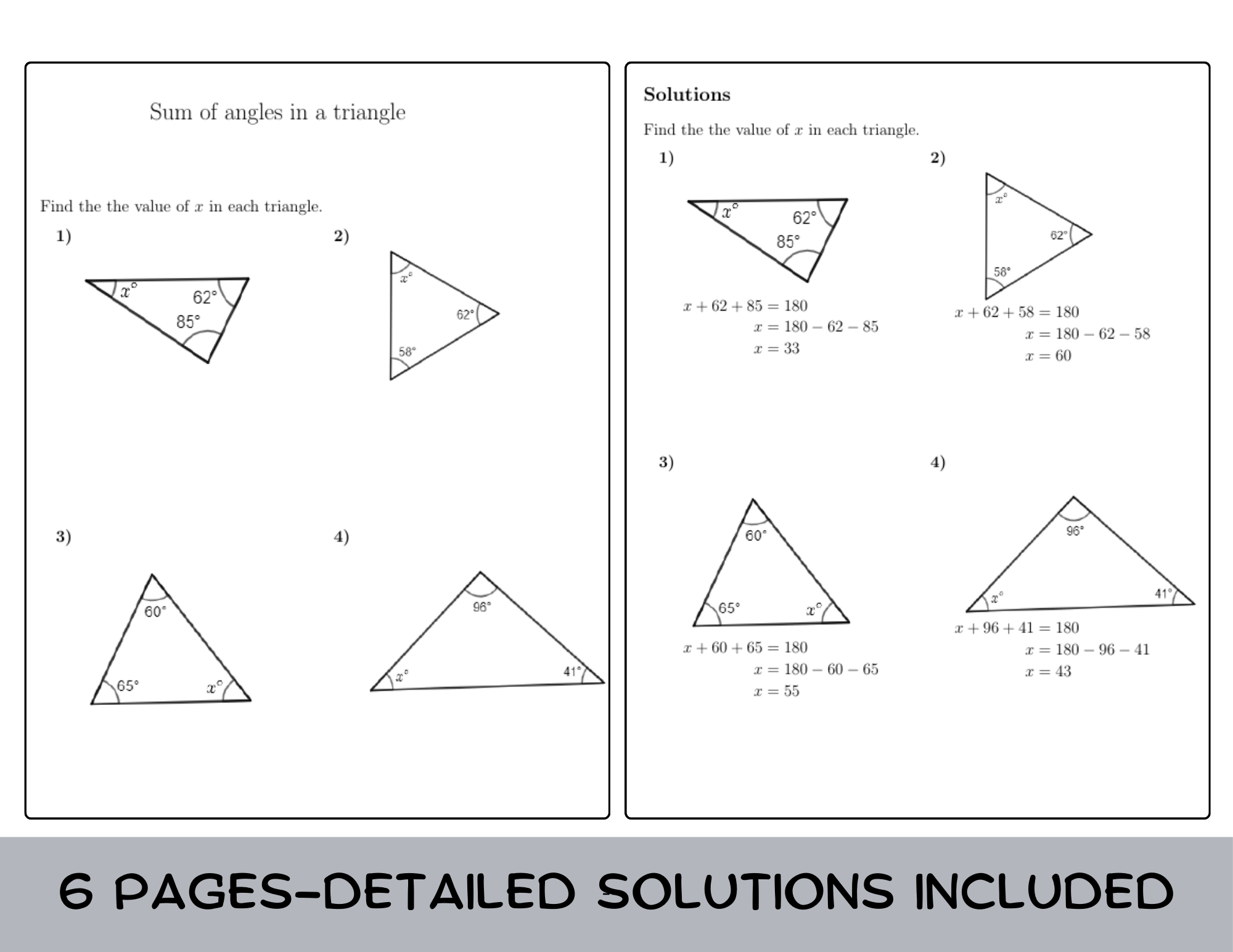 Sum Of Angles In A Triangle Worksheet with Solutions Teaching Resources