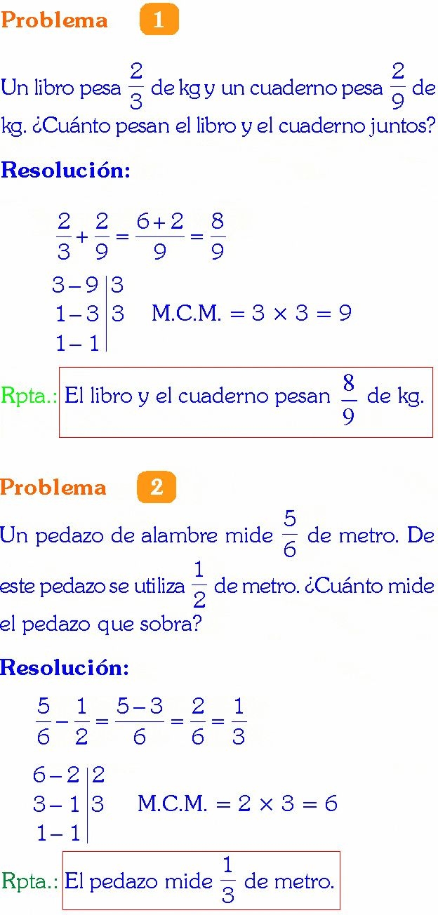SUMA Y RESTA DE FRACCIONES HETEROGENEAS EJERCICIOS RESUELTOS DE MATEMATICAS DE PRIMARIA