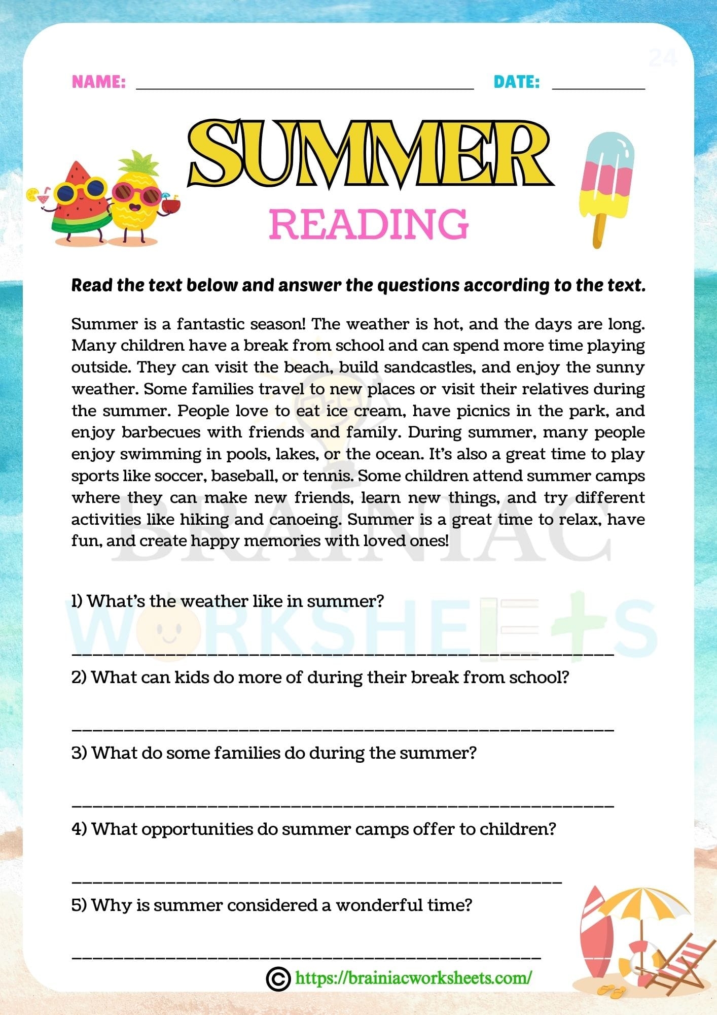 Summer Reading Comprehension English Worksheet For Class 4 Brainiac Worksheets