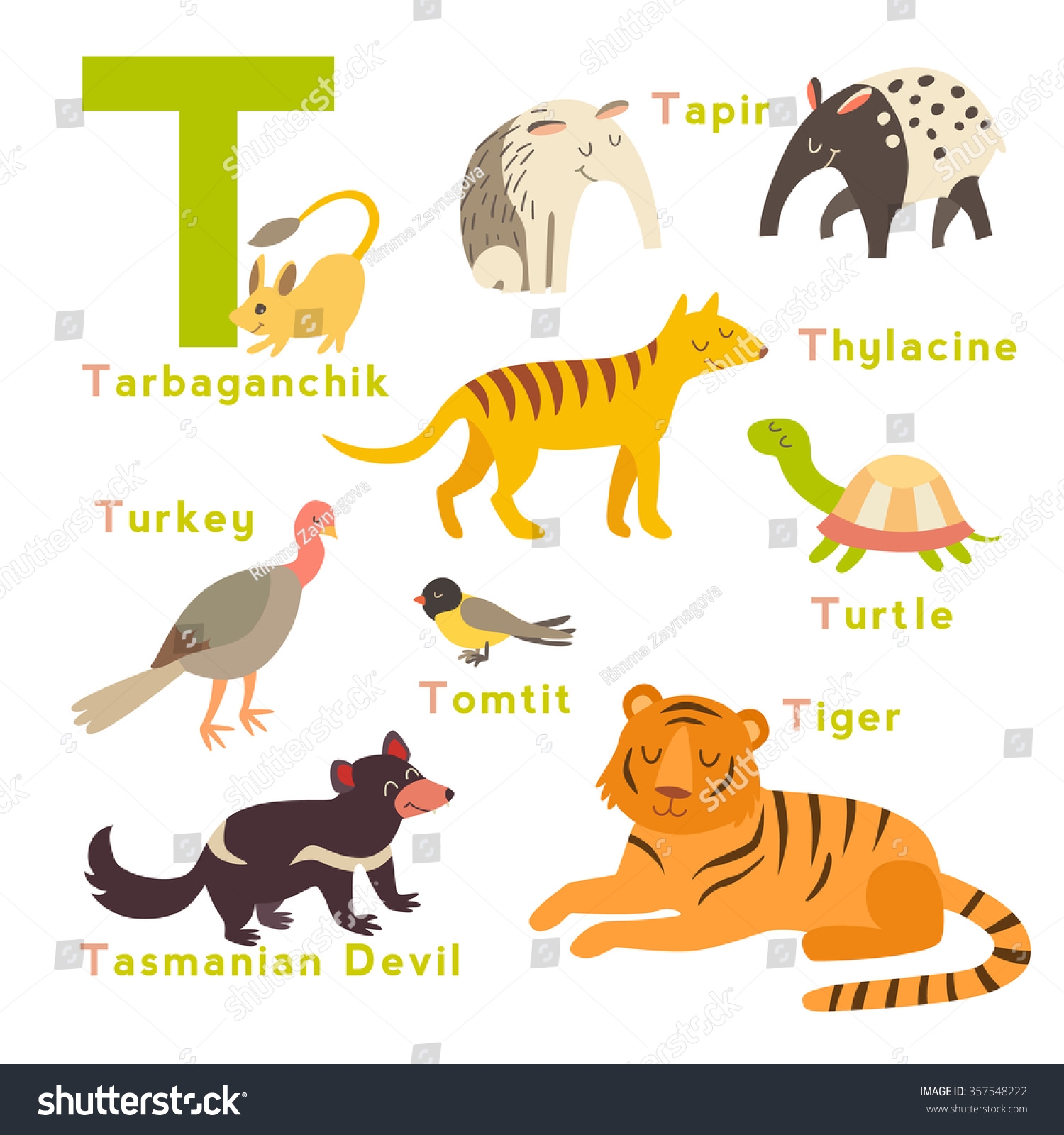 T Letter Animals Set English Alphabet Stock Vector Royalty Free 357548222 Shutterstock