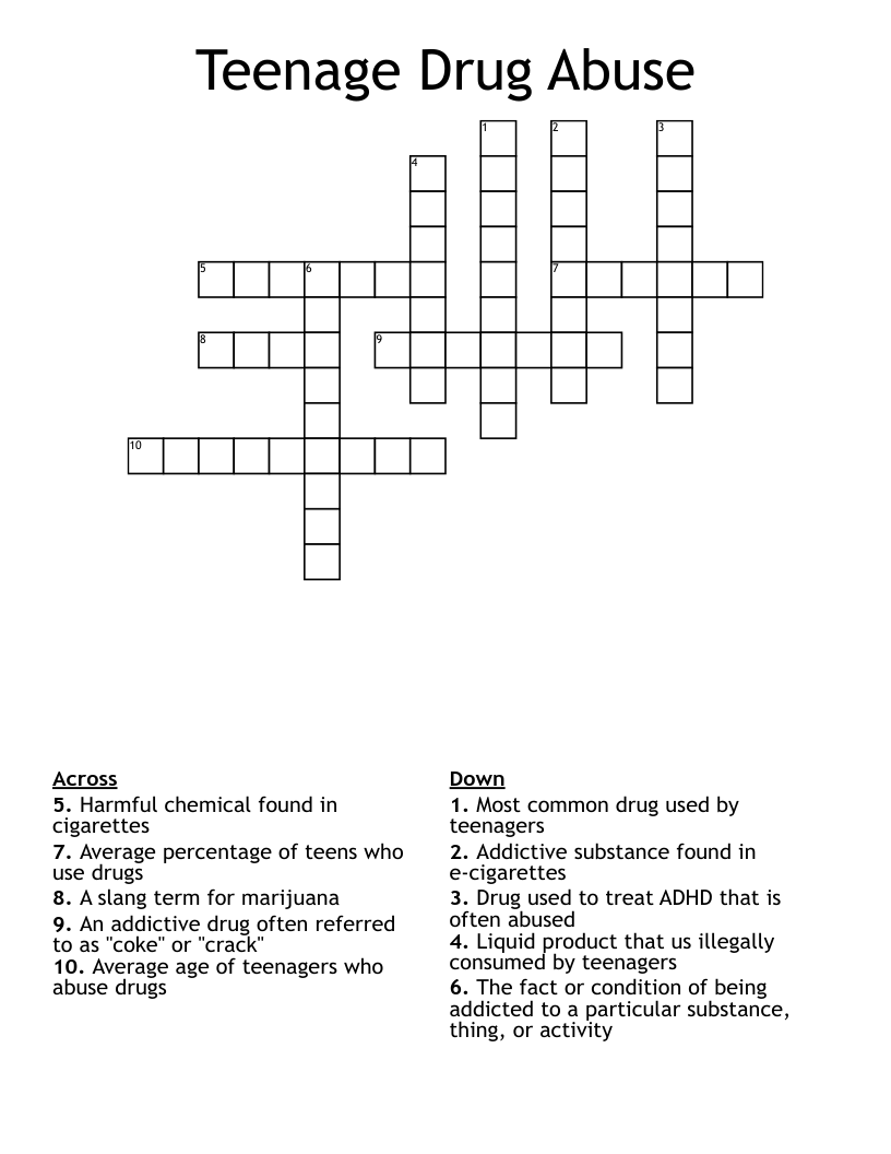 Teenage Drug Abuse Crossword WordMint