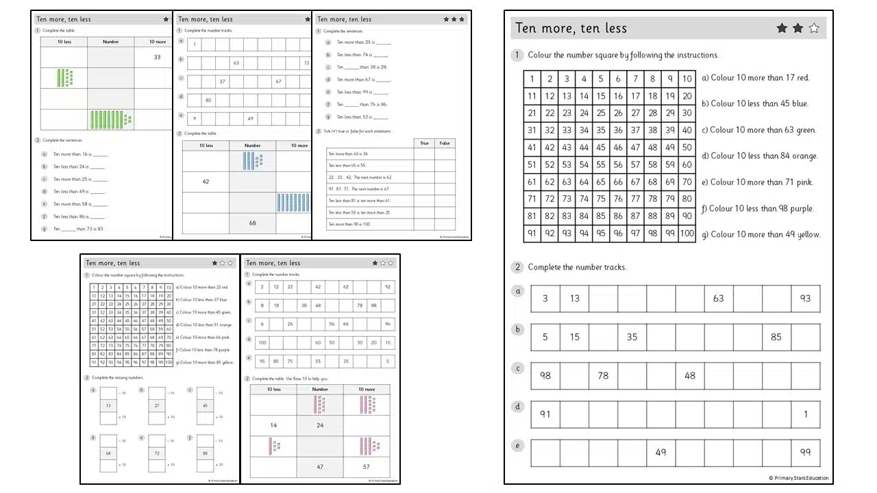 Ten More Ten Less Worksheets Primary Stars Education Ten More Ten Less Worksheets Primary Stars Education