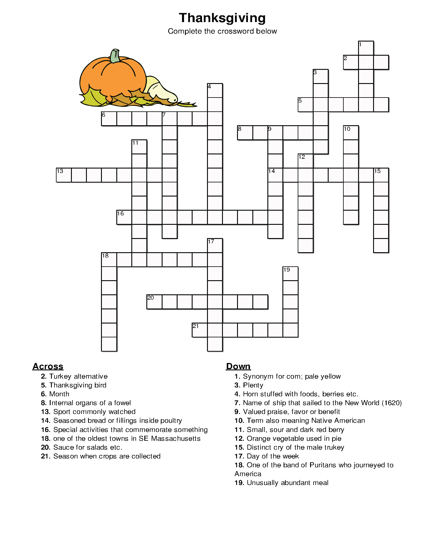 thanksgiving crossword puzzle free printable