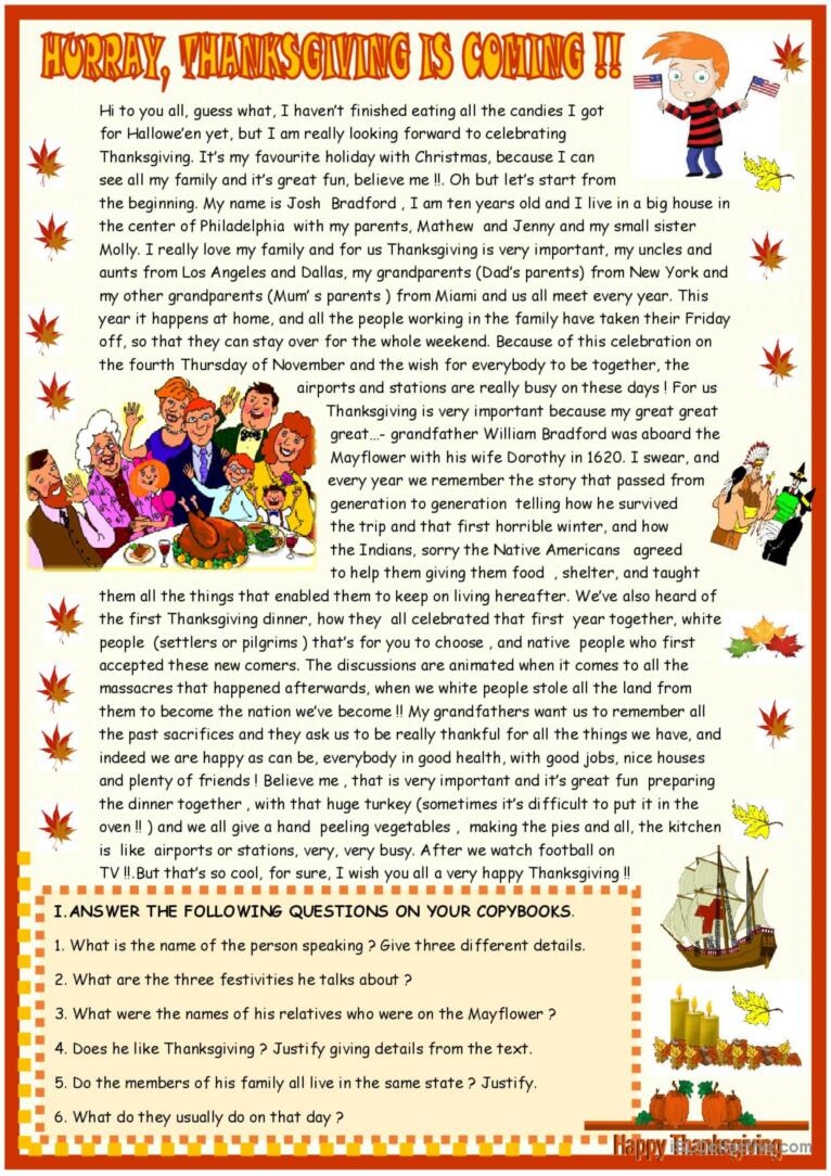 Thanksgiving Reading Comprehension English ESL Worksheets Pdf Doc