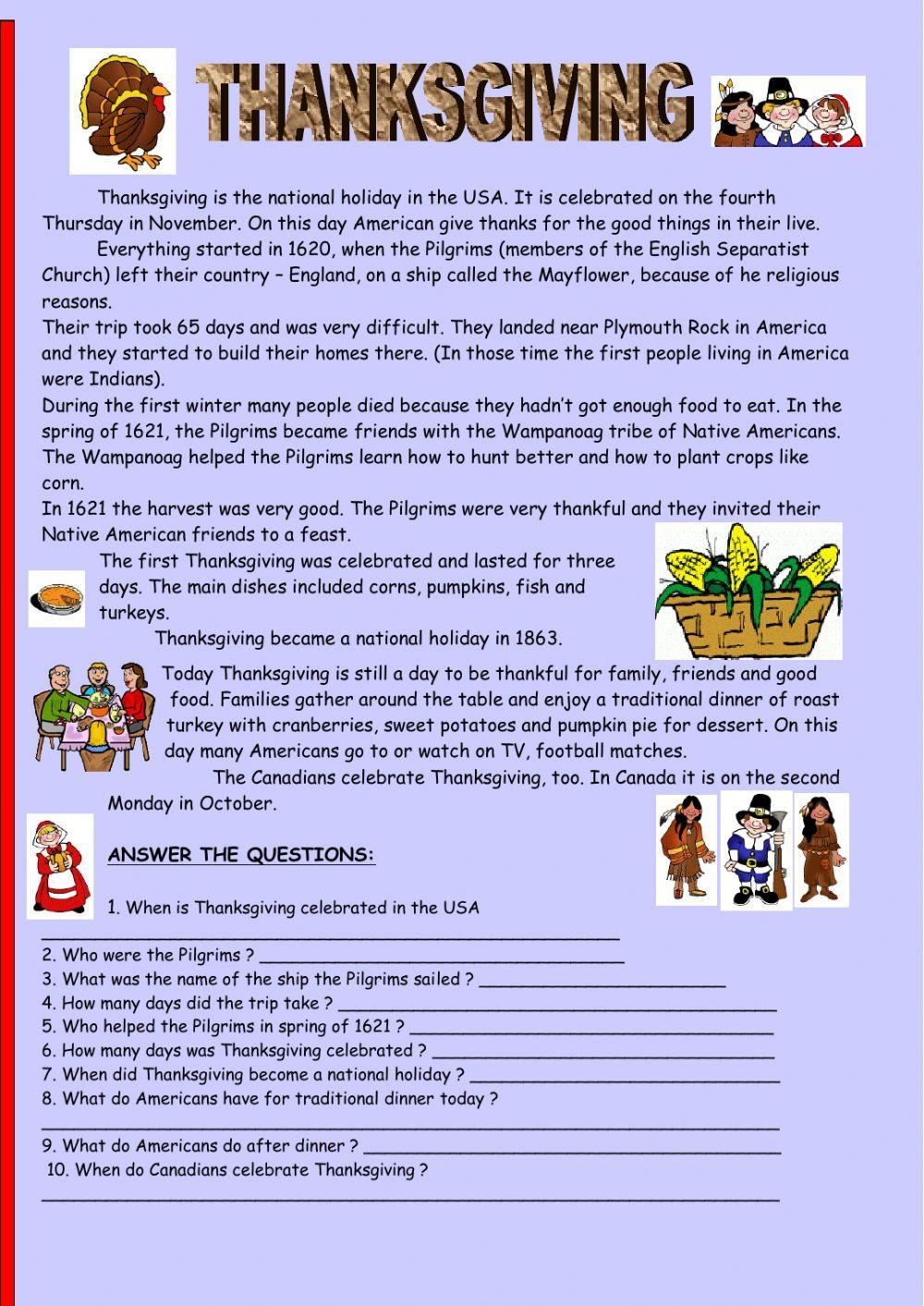 Thanksgiving Reading Comprehension Worksheet Worksheets Library