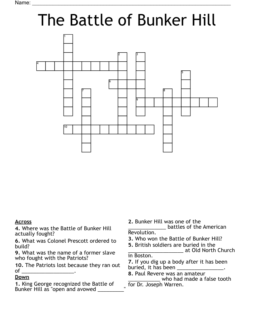 The Battle Of Bunker Hill Crossword WordMint
