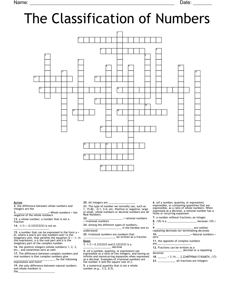 The Classification Of Numbers Crossword WordMint