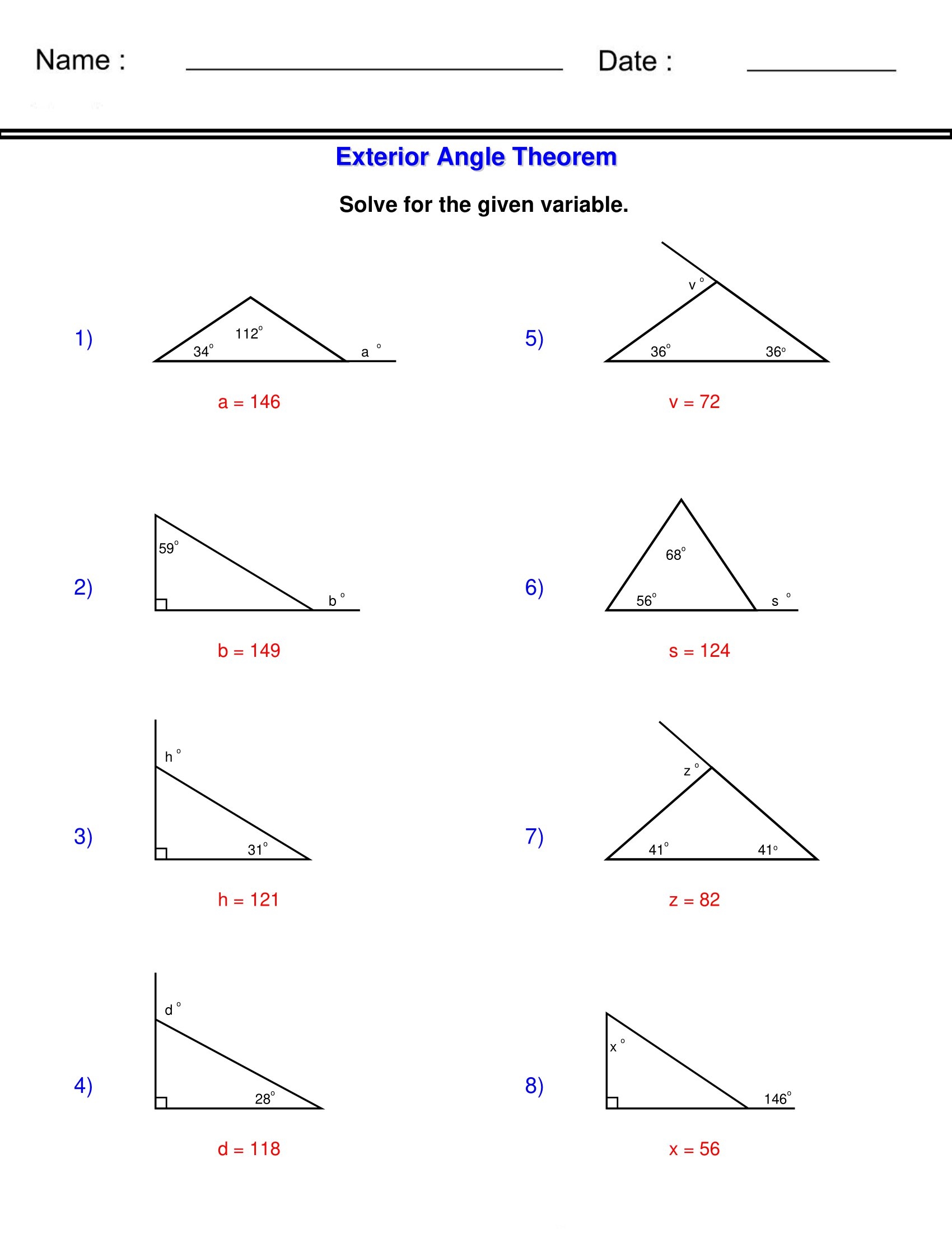 The Exterior Angle Theorem Triangle Worksheets Made By Teachers
