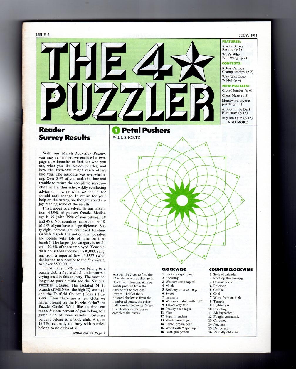 The Four Star Puzzler July 1981 Issue 7 Puzzles From Games Magazine Anacrostic Acrostic Crosswords Cryptic Cryptograms Logic More By Shortz Will Hook Henry Shenk Mike Editors Will Weng Robert D Spurrier The Four Star Puzzler July 1981 Issue 7 Puzzles From Games Magazine Anacrostic Acrostic Crosswords Cryptic Cryptograms Logic More By Shortz Will Hook Henry Shenk Mike Editors Will Weng Robert D Spurrier