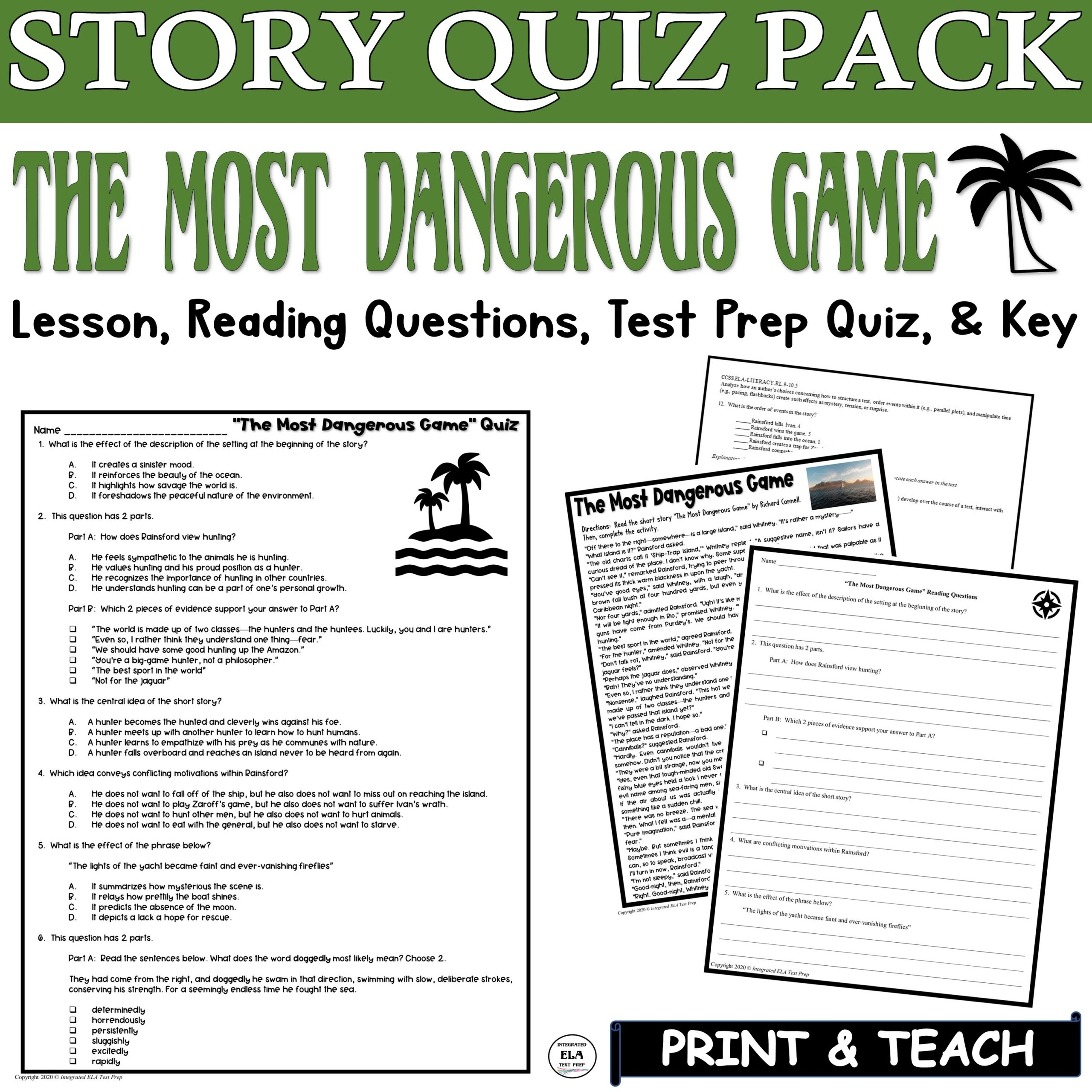 The Most Dangerous Game Quiz Reading Comprehension Questions Short Story Made By Teachers