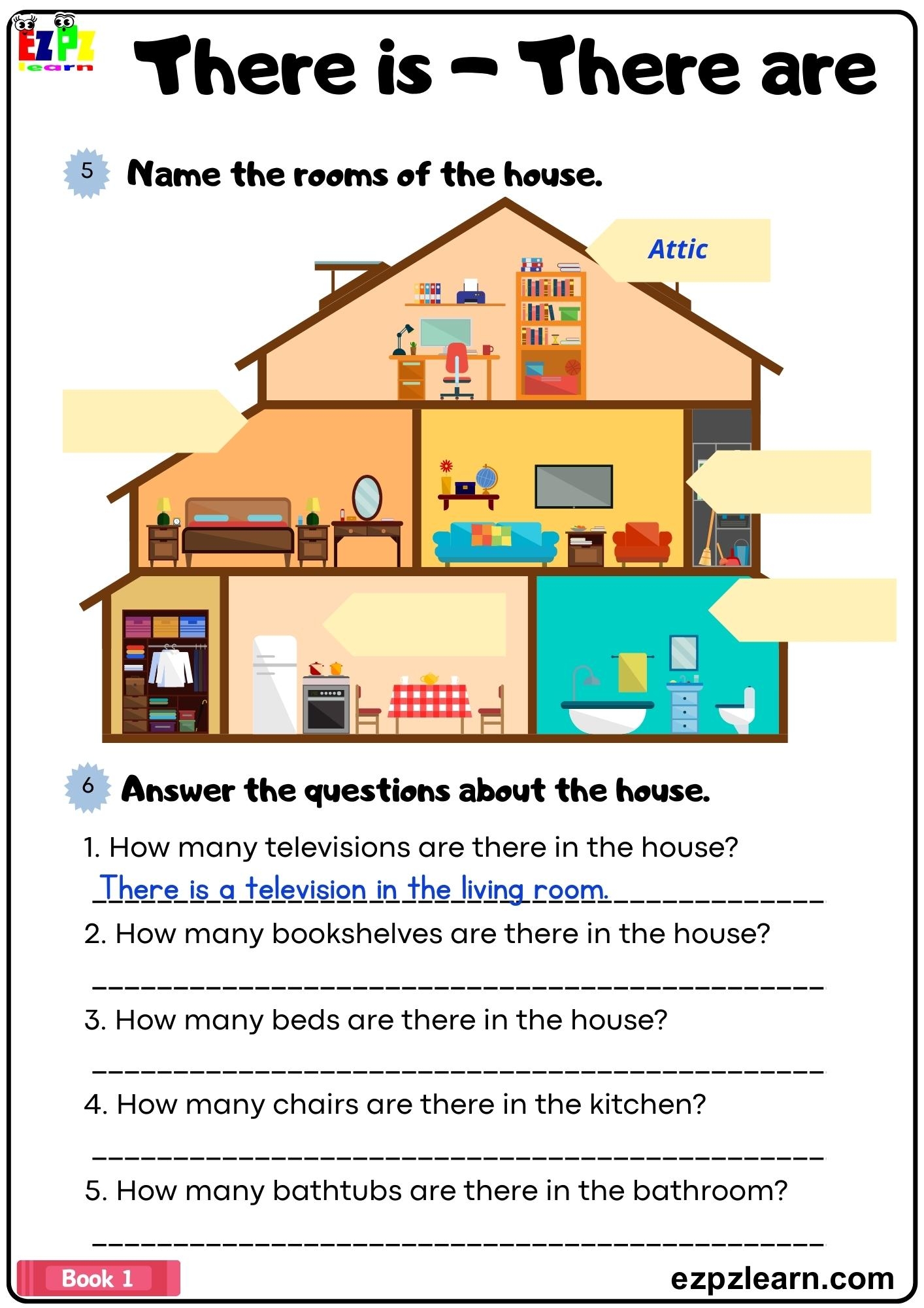 There Is There Are Answer And Name The House Rooms Grammar Worksheet Pdf Ezpzlearn