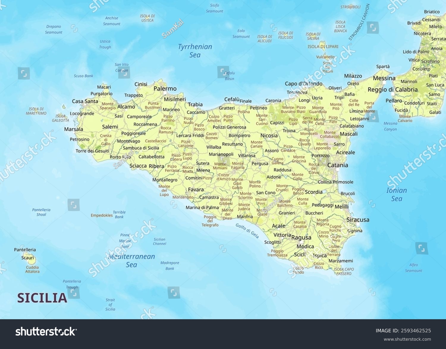 This Detailed Map Showcases Island Sicily Stock Vector Royalty Free 2593462525 Shutterstock
